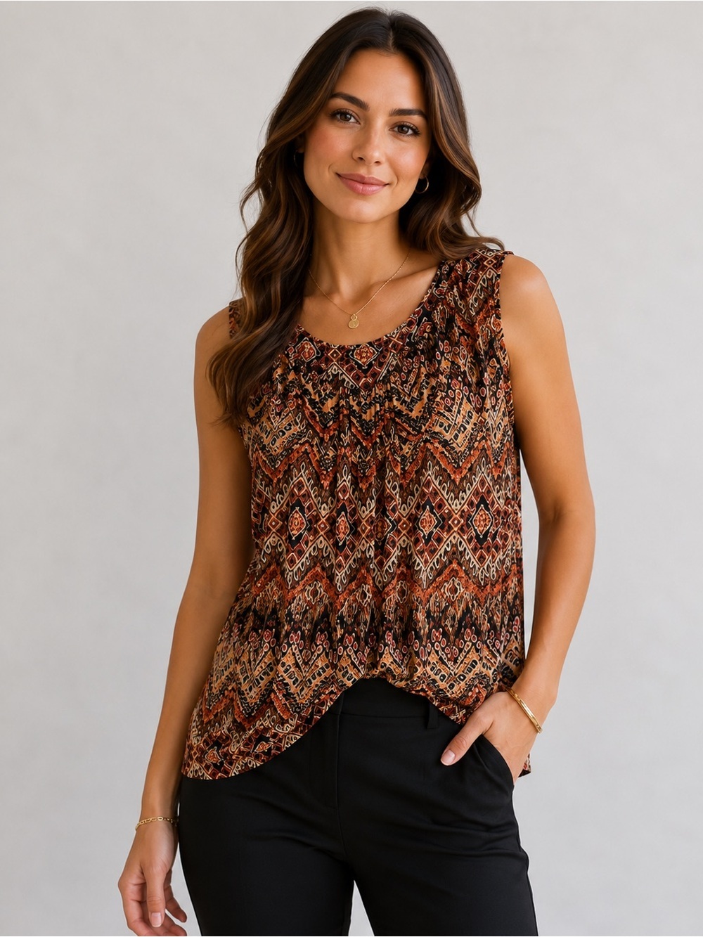 Sunnegoo Vibrant Brown and Orange Chevron Tank Top with Relaxed Fit Scoop Neck